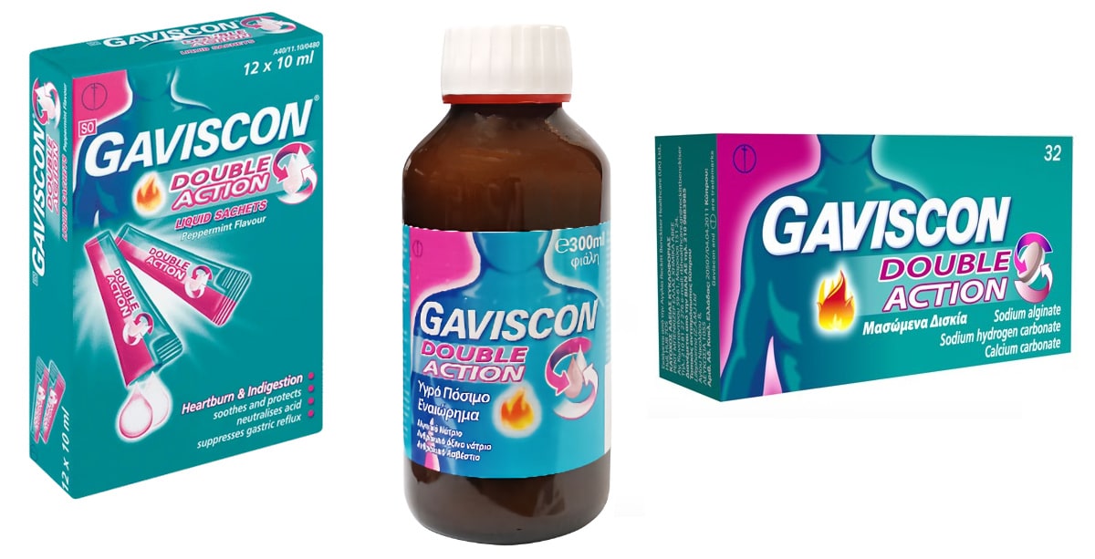 Gaviscon, Γκαβισκον, Double Action, Πόσιμο, Μασώμενα δίσκια, Υγρό, Οδηγίες, Δοσολογία, Παρενέργειες, Ενδείξεις